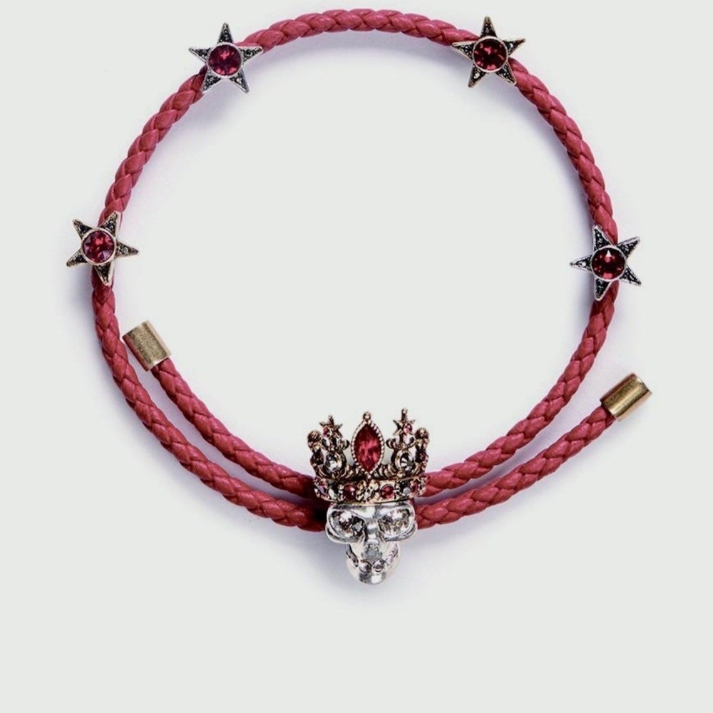 Alexander McQueen Red Braided Leather Skull Crown Star Wrap Bracelet Made Italy